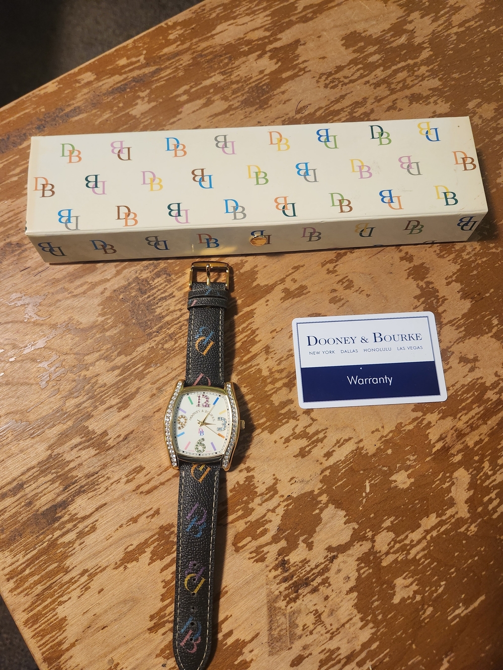 NIB Dooney & Bourke Multicolor DB Monogram Rhinestone Watch & Box MVICR-BL - Picture 2 of 12